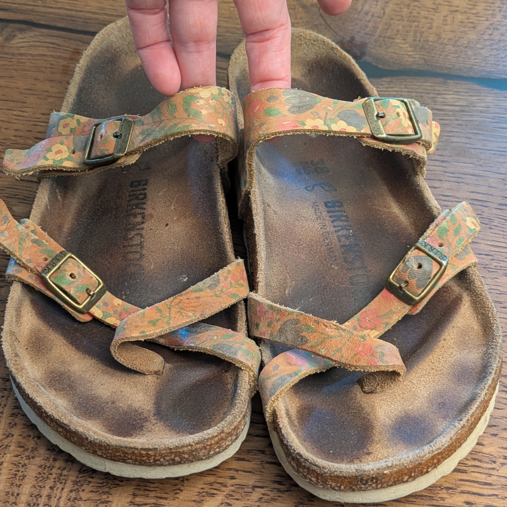 Birkenstock Tan Floral Sandals Classic Two-Strap Design